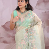 Soft Pista Green Organza Tissue Saree With Embroidery Work