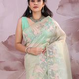 Soft Pista Green Organza Tissue Saree With Embroidery Work