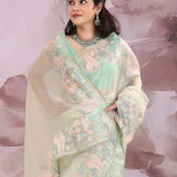 Soft Pista Green Organza Tissue Saree With Embroidery Work