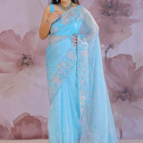 Sky Blue Organza Tissue Saree With Embroidery Work