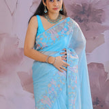 Sky Blue Organza Tissue Saree With Embroidery Work