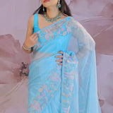 Sky Blue Organza Tissue Saree With Embroidery Work