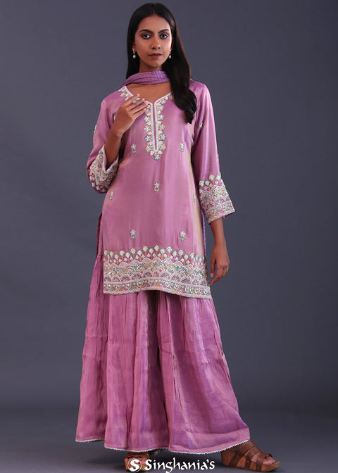 <img> Pastel Purple Chinon Silk Pearl Work Sharara Set