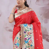 Cherry Red Saree With Paithani Border