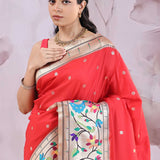Cherry Red Saree With Paithani Border