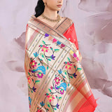 Cherry Red Saree With Paithani Border