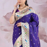 Dark Indigo Saree With Paithani Border