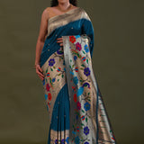 Elephant Bluish Cyan Paithani Saree With Butti'S