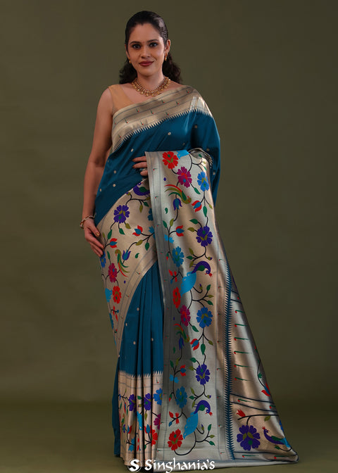 <img> Elephant Bluish Cyan Paithani Saree With Butti'S