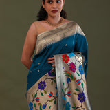 Elephant Bluish Cyan Paithani Saree With Butti'S