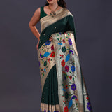 Dark Bottle Green Paithani Saree With Butti'S
