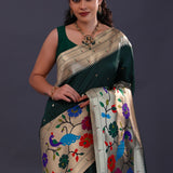 Dark Bottle Green Paithani Saree With Butti'S