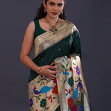 Dark Bottle Green Paithani Saree With Butti'S