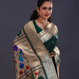 Dark Bottle Green Paithani Saree With Butti'S