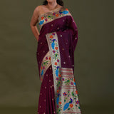 Dark Purple Burgundy Paithani Saree With Floral Butti'S