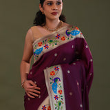 Dark Purple Burgundy Paithani Saree With Floral Butti'S
