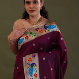 Dark Purple Burgundy Paithani Saree With Floral Butti'S