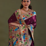 Dark Purple Burgundy Paithani Saree With Floral Butti'S