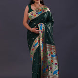 Dark Green Paithani Saree With Floral Butti'S