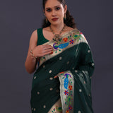 Dark Green Paithani Saree With Floral Butti'S