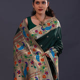 Dark Green Paithani Saree With Floral Butti'S