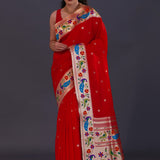 Bright Red Paithani Saree With Floral Butti'S
