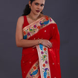 Bright Red Paithani Saree With Floral Butti'S