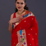 Bright Red Paithani Saree With Floral Butti'S