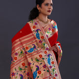 Bright Red Paithani Saree With Floral Butti'S