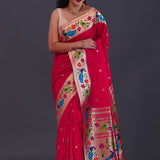 Paprika Red Paithani Saree With Floral Butti'S