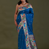 Cobalt Blue Paithani Saree With Floral Butti'S
