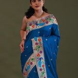 Cobalt Blue Paithani Saree With Floral Butti'S