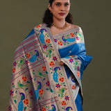 Cobalt Blue Paithani Saree With Floral Butti'S