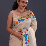 Cream Tan Paithani Saree With Floral Butti'S