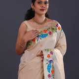 Cream Tan Paithani Saree With Floral Butti'S