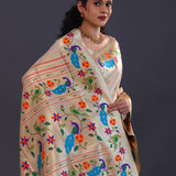 Cream Tan Paithani Saree With Floral Butti'S