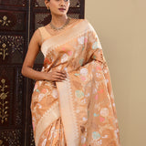Dark Peach Banarasi Silk Saree With Meenakari Design