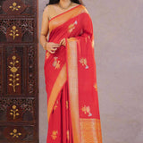 Red Munga Tussar Saree With Floral Butta