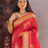 Red Munga Tussar Saree With Floral Butta