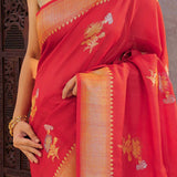 Red Munga Tussar Saree With Floral Butta