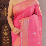 Pink Munga Tussar Saree With Floral Butti'S
