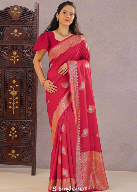 <img> Cherry Red Munga Tussar Saree With Butta