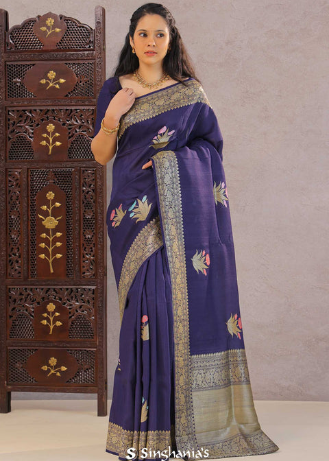 <img> Deep Violet Khadi Tussar Saree With Meenakari Butta