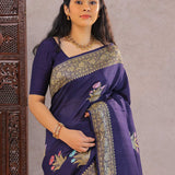 Deep Violet Khadi Tussar Saree With Meenakari Butta