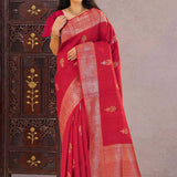 Cherry Red Munga Tussar Saree With Meenakari Butta