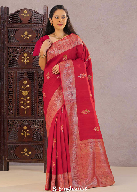 <img> Cherry Red Munga Tussar Saree With Meenakari Butta
