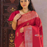 Cherry Red Munga Tussar Saree With Meenakari Butta