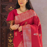 Cherry Red Munga Tussar Saree With Meenakari Butta