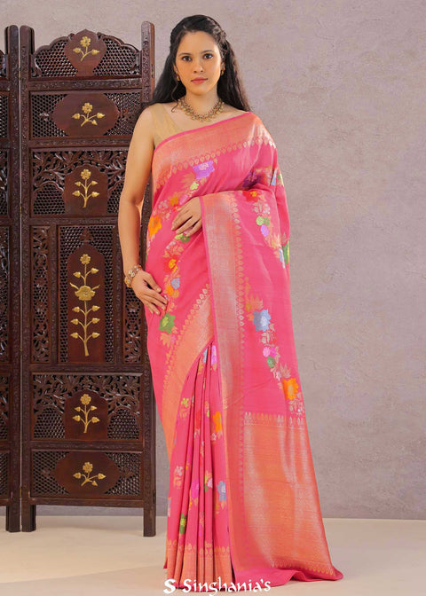 <img> Pink Munga Tussar Saree With Meenakari Design