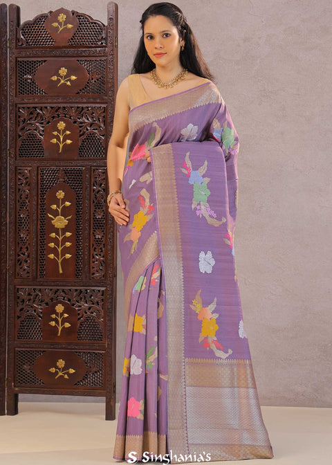 <img> Lilac Purple Khadi Tussar Saree With Floral Design